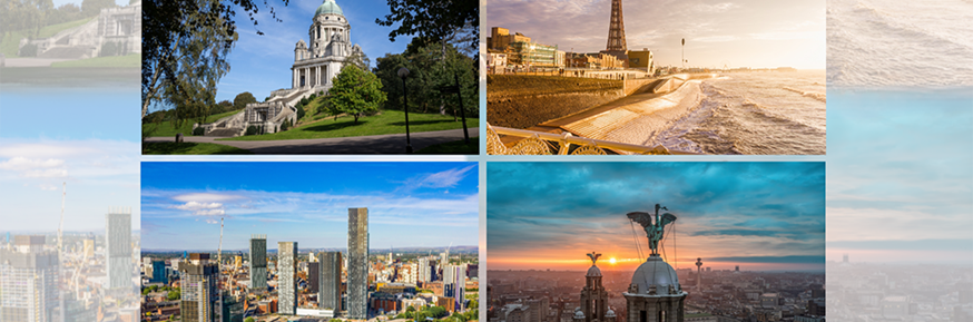 A collage of four images of iconic North West landmarks. Top left is Ashton Memorial in Lancaster, top right is a beach scene of Blackpool tower, bottom left is Manchester city skyline and then Liverpool skyline.