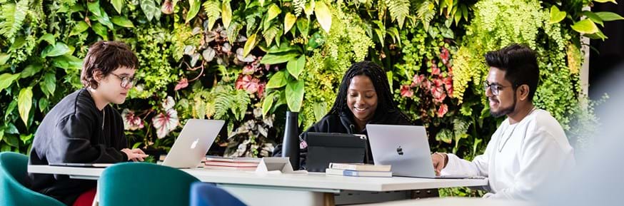 An image of three smiling Lancaster University students on campus, working at a table on laptops and tablets in front of a 'living wall', made up of live plants and greenery