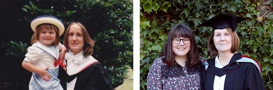 Paula Hillman and daughter Rosie at her first graduation in 1987 followed by her second in 2022