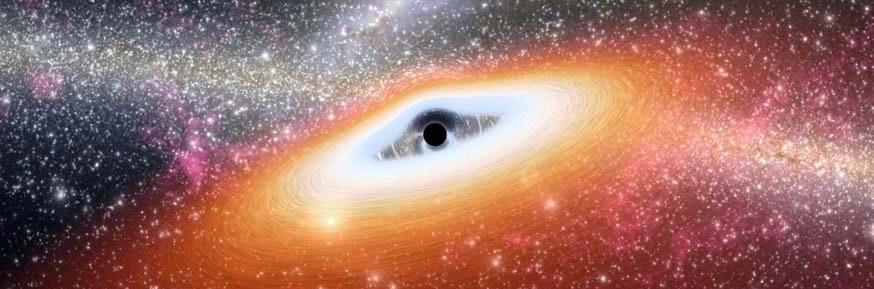 An artist's conception illustrates one of the most primitive supermassive black holes known (central black dot) at the core of a young, star-rich galaxy