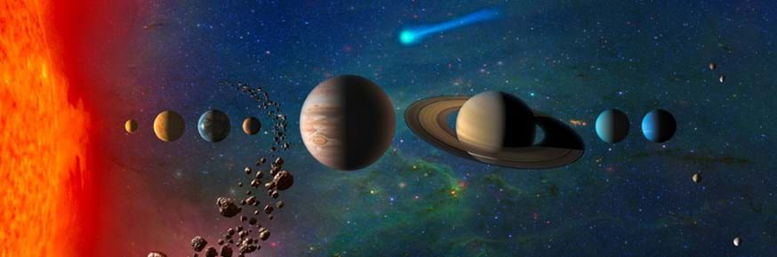 An artists impression of the solar system from the sun on the left, through the inner planets and asteroid belt to the far outer reaches on the right