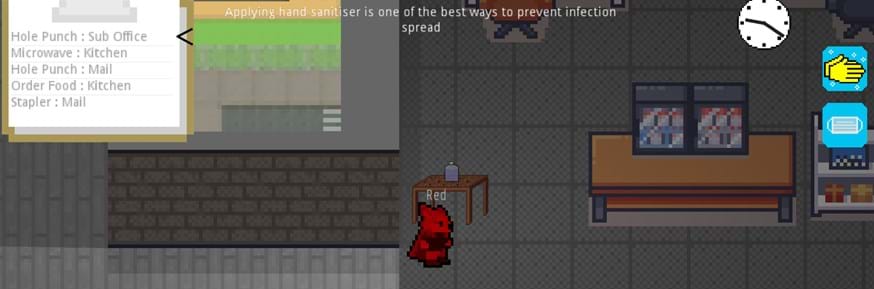 A screenshot of a character in the game using hand sanitiser