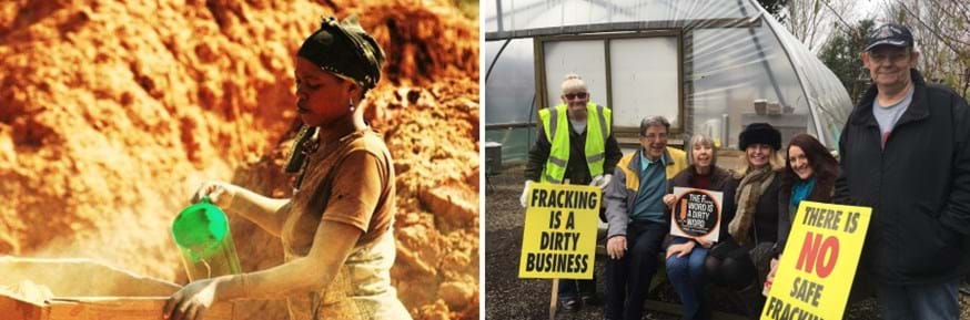 Composite image: (left) black female miner, (right) group of activists carrying anti-fracking placards
