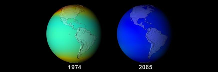 Image illustrating how the depletion of the ozone layer might have looked withoutthe Montreal Protocol