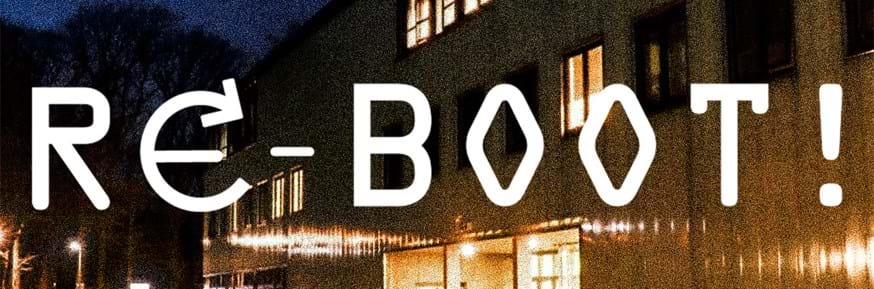 The show's title Re-Boot! is seen across an image of the LICA building by night