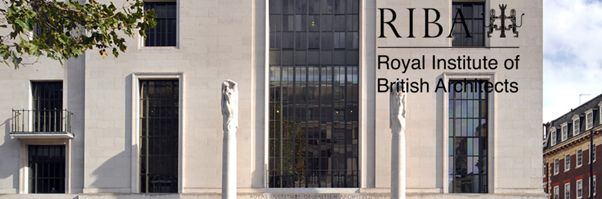 An image of people walking past a building with the Royal British Institute of British Architects (RIBA) logo in the top right-hand corner.