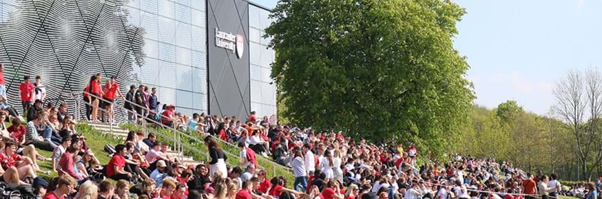 A crowd of Roses supporters outside Lancaster University Sports Centre