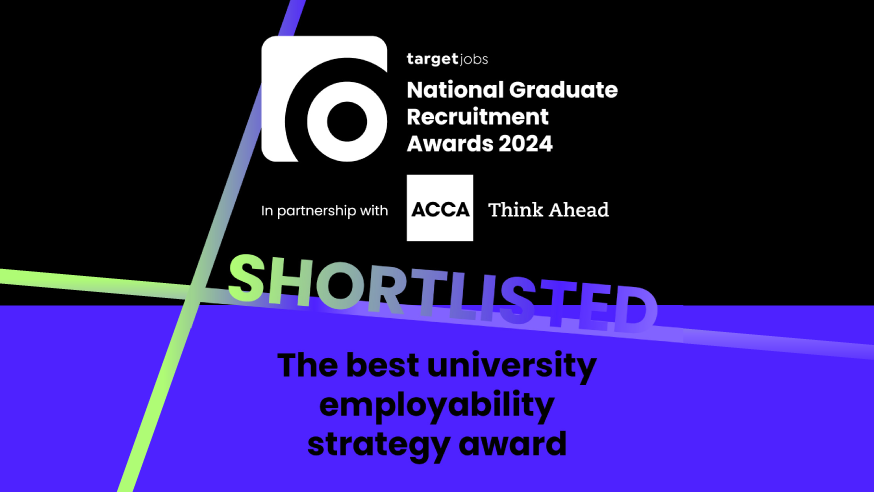 A graphic showing the targetjobs National Graduate Recruitment Awards 2024 logo in partnership with the ACCA, showing that ̳ has been shortlisted in the category of 
