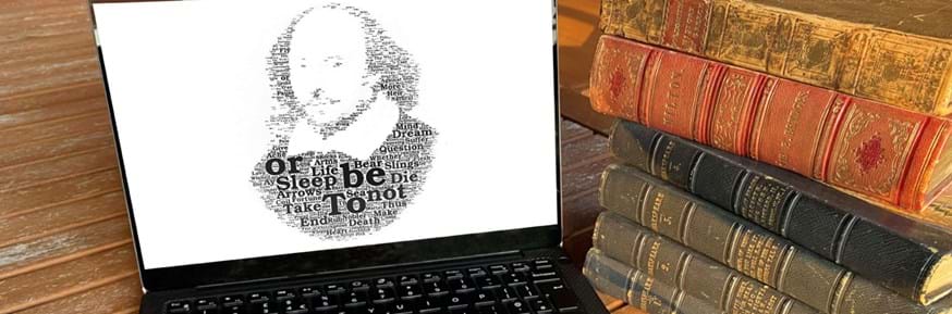 Word cloud showing of Shakespeare head outline filled with words from Shakespeare plays