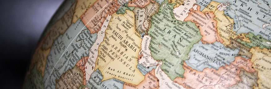 Globe showing Saudi Arabia, Oman, Iran and Israel/Palestine