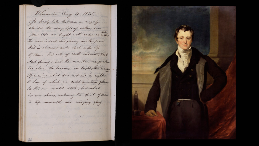 The image shows Sir Humphry Davy after Sir Thomas Lawrence, National Portrait Gallery (NPG 1573), reproduced by Creative Commons licence and (left) one of his poems on RI MS HD/14/E, p. 97 courtesy of the Royal Institution of Great Britain.