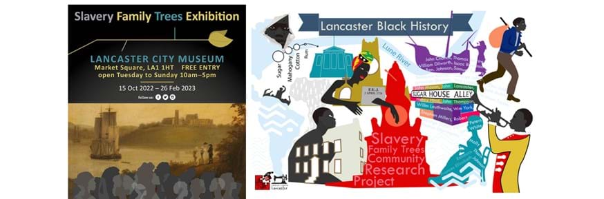 Poster advertising the exhibition and graphics depicting black slavery