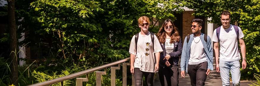 Four Lancaster University students on a walkway in a sunny campus garden. The students look relaxed and are smiling.