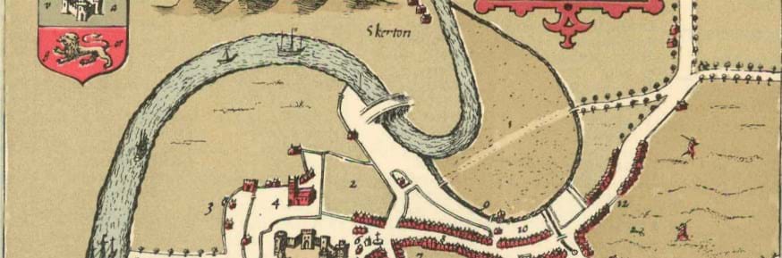 Speed's 1610 map of Lancaster shows the Mill Race looping south of the River Lune
