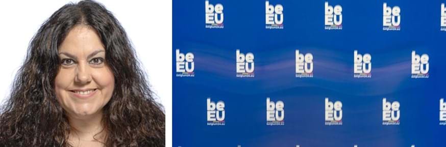 A composite image with Professor Stavroula Leka on the left, and on the right is a blue background with several of the Belgian Presidency Council of the European Union logos