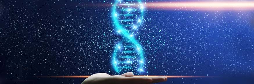 Human genetics concept. Shiny DNA helix in a hand over dark blue background, collage