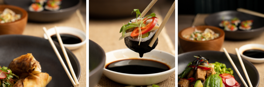 Selection of asianfood including spring rolls,vegan poke bowl and sushi