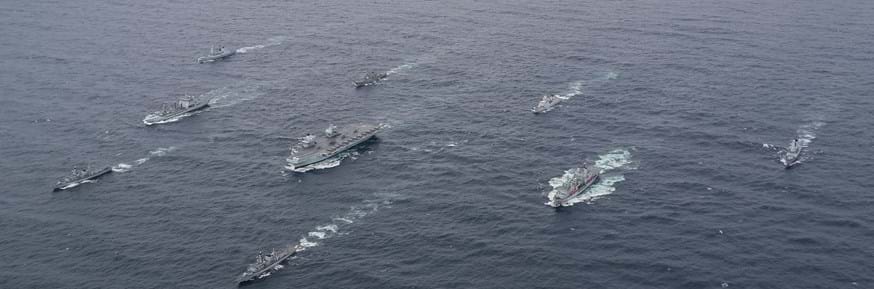 UK carrier strike group - ships sailing on the sea