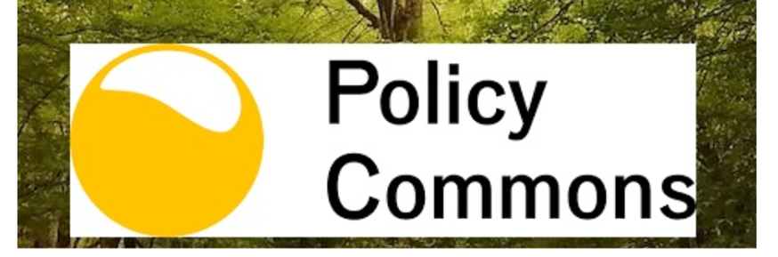 Woodland background with central tree. Policy commons worded logo at bottom
