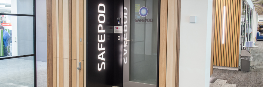 A view of the outside of the SafePod. The SafePod is located in the new extension on the Library A floor.