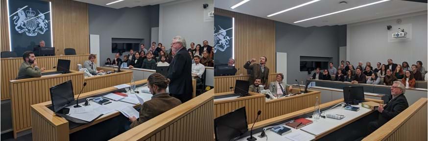 Two images of warfare on trial event, in which on left Harry Potter cross examines Josh Rice and right Rory Cox shows his 'CCTV' to the audience'.