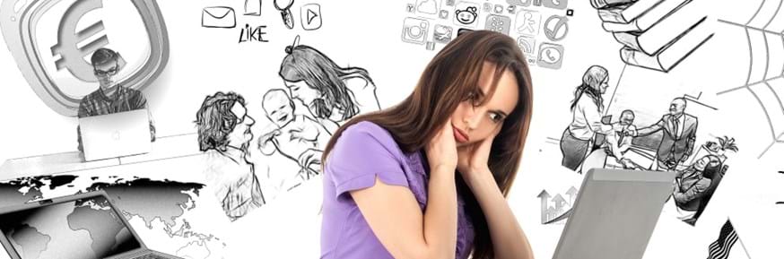 Photo of woman looking at a laptop screen.  She has her head in her hands.  Backdrop of various sketches including world map, couple holding a baby, people in a meeting, pile of books.