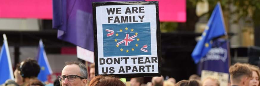 Banner at a protest which says: We are family. Don't tear us apart.